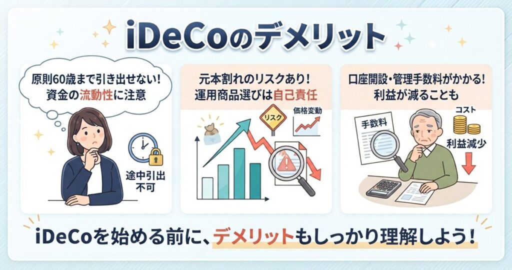 「iDeCoの主なデメリットと注意点。原則60歳までの引き出し制限や、元本割れリスク、各種手数料を事前に確認しておきましょう」