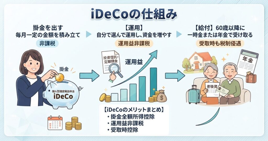 「iDeCo(イデコ)の基本的な仕組み。毎月積み立てた掛金を自分で運用し、60歳以降に受け取ります」