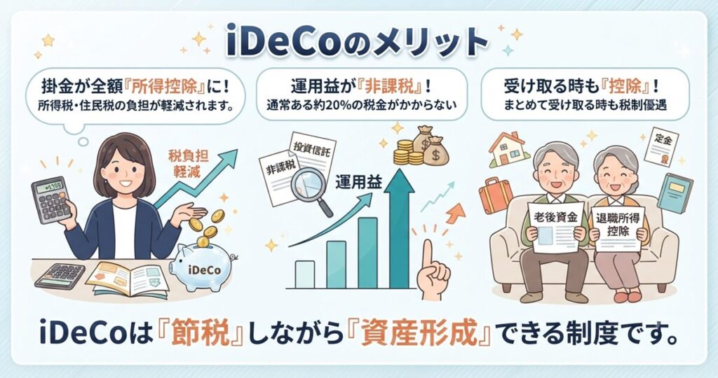 「iDeCoの3大メリット。掛金の全額所得控除、運用益の非課税、受取時の控除で賢く節税しながら資産形成が可能です」